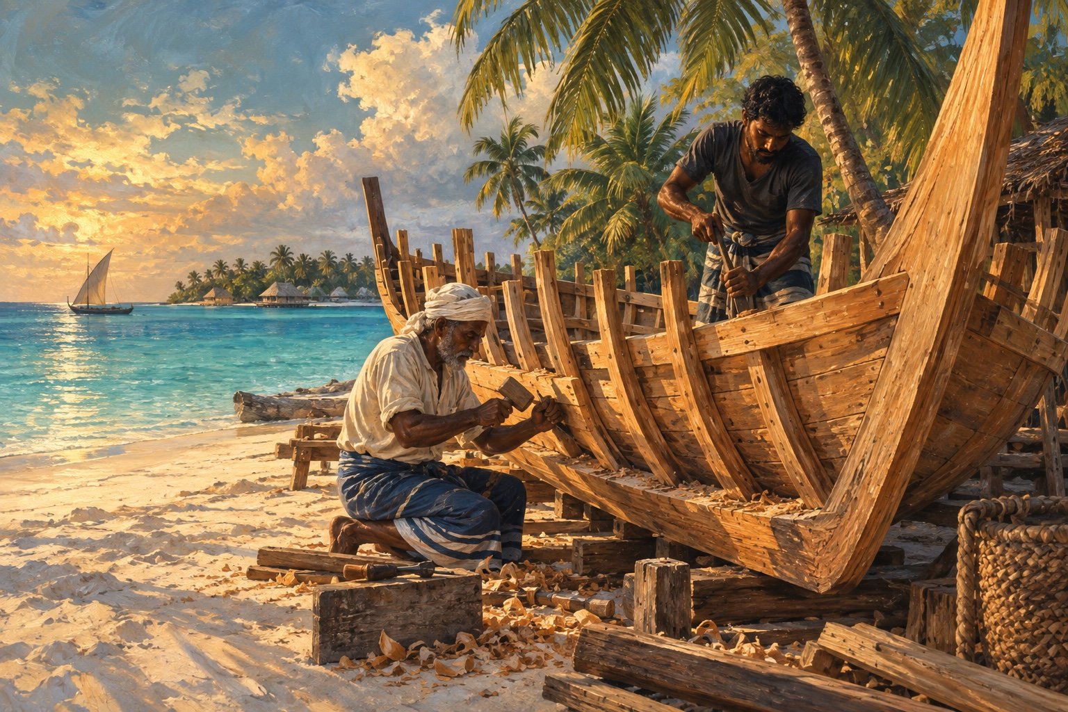 Original painting of Maldivian craftspeople shaping a wooden dhoni beside a turquoise lagoon